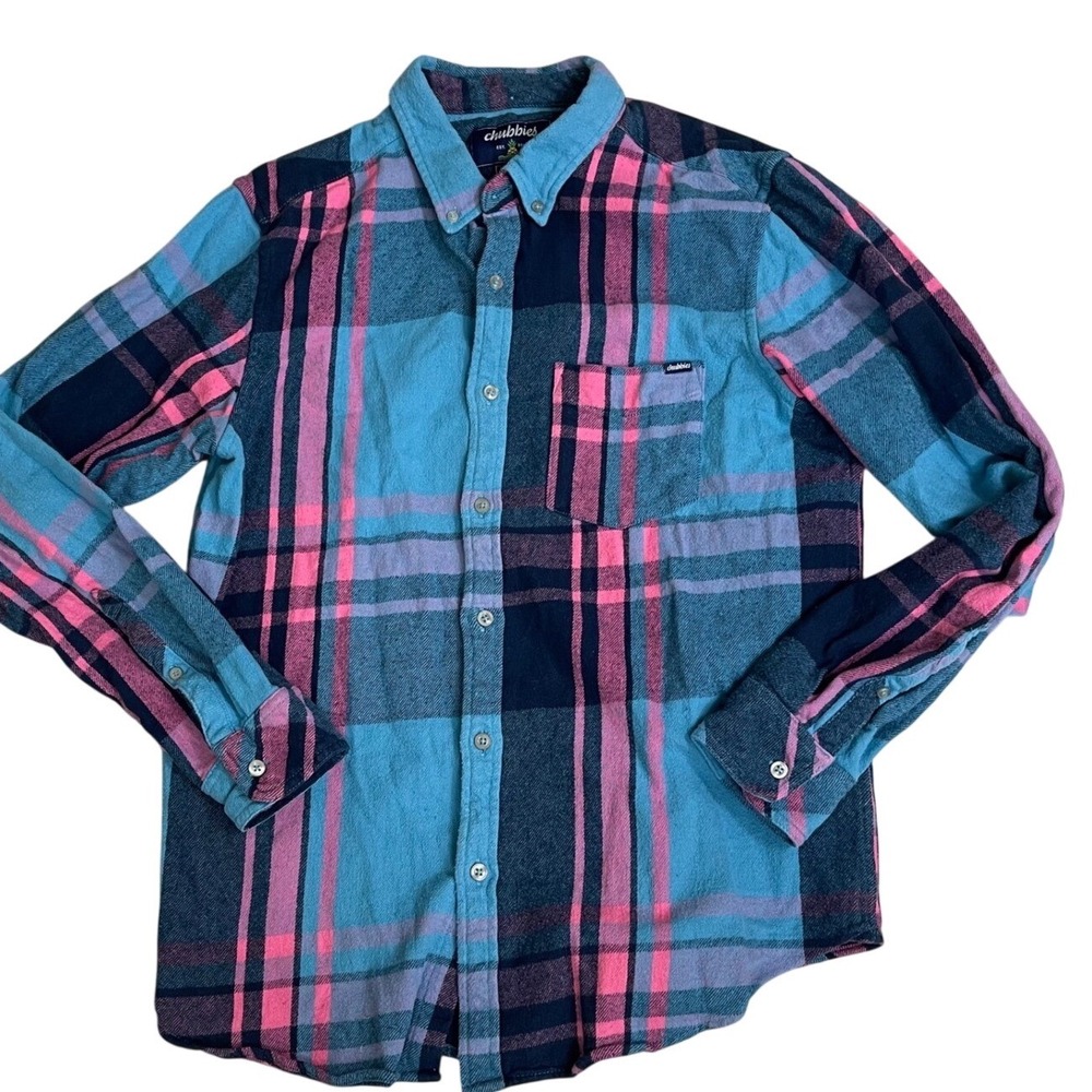 Chubbies Mens Flannel Shirt Large Blue Pink Plaid Long Sleeve Button Down
